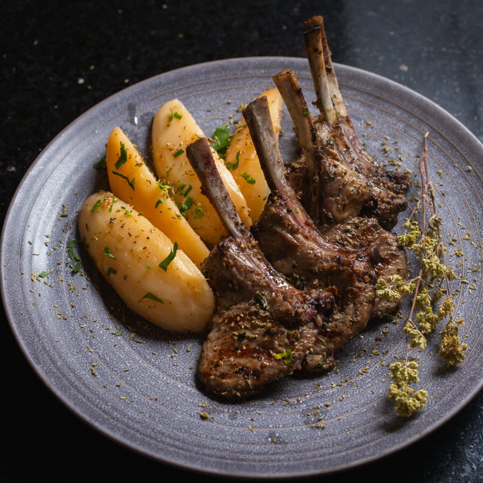 Grilled lamb chops with bone, seasoned potatoes, and dried herbs on a gray plate.